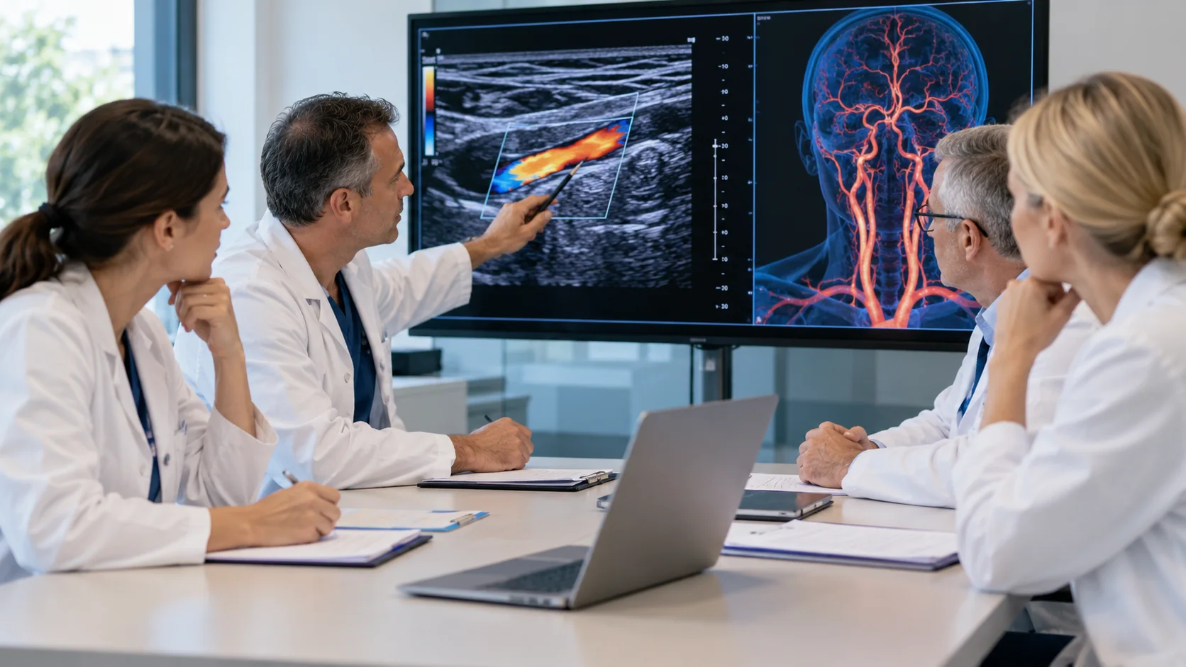 Zdravniški konzilij ob pregledu ultrazvočnih slik vratnih arterij