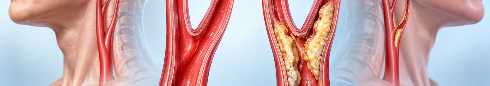 Medicinska ilustracija zdrave in z aterosklerotično oblogo zožene karotidne arterije
