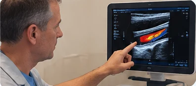 Žilni zdravnik pregleduje prekrvavitev vratne arterije