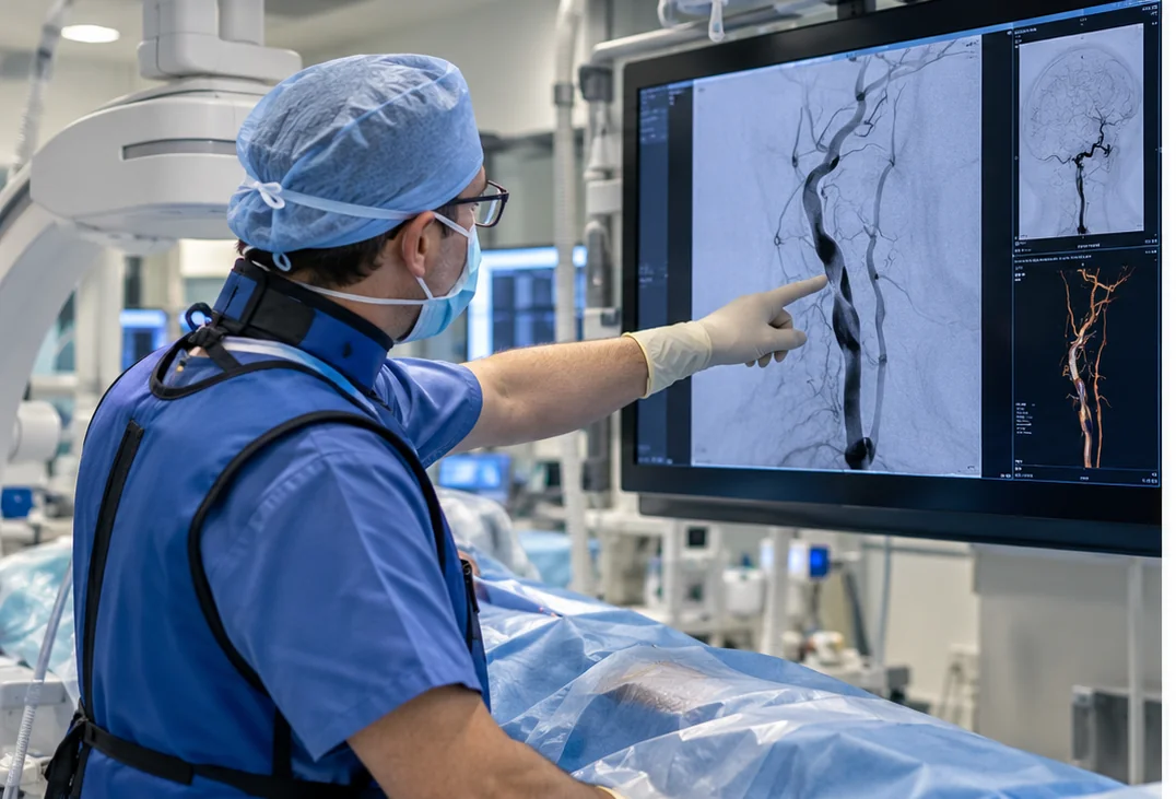 Ilustracija interventnega radiologa med pregledom angiografskih slik karotidnih arterij