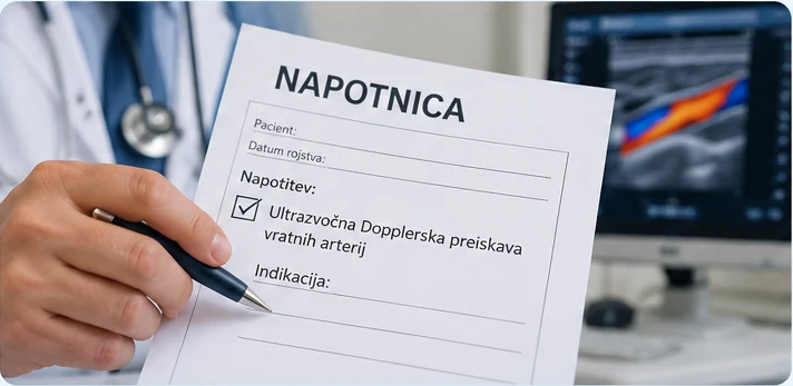 Zdravnik z napotnico za ultrazvočno Dopplersko preiskavo vratnih arterij
